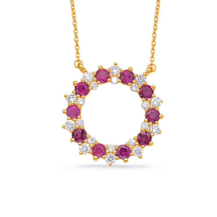 14 KT Rounds Shape Yellow Gold Diamond & Ruby Necklace